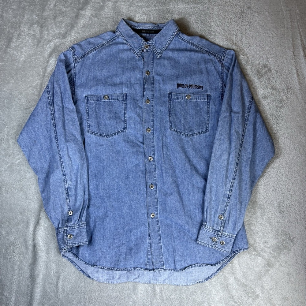 Harley-Davidson Mens XL Button Up Shirt Motorcycles Blue Chambray FLAW